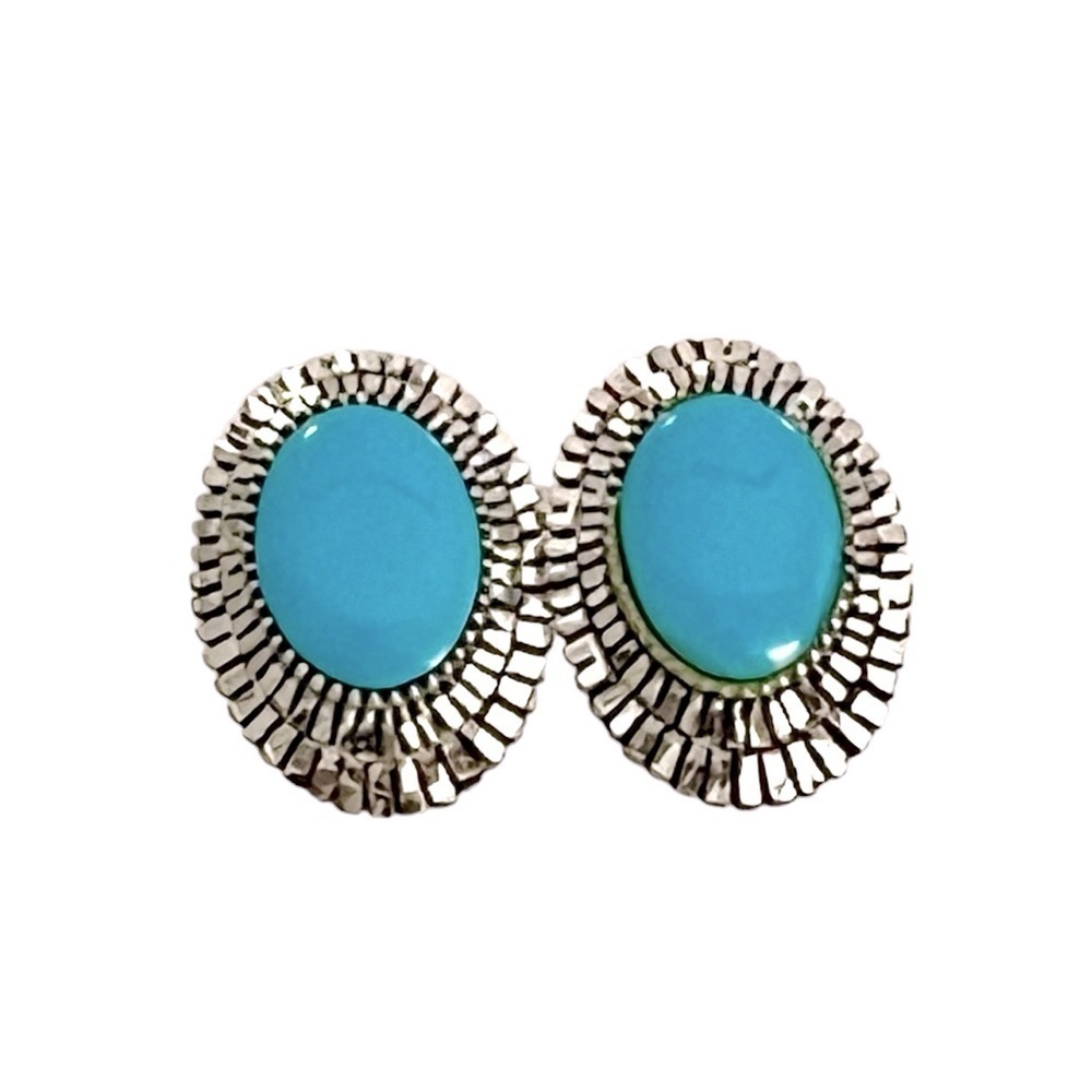 Sterling Silver & Turquoise Stamped Oval Pierced Earrings